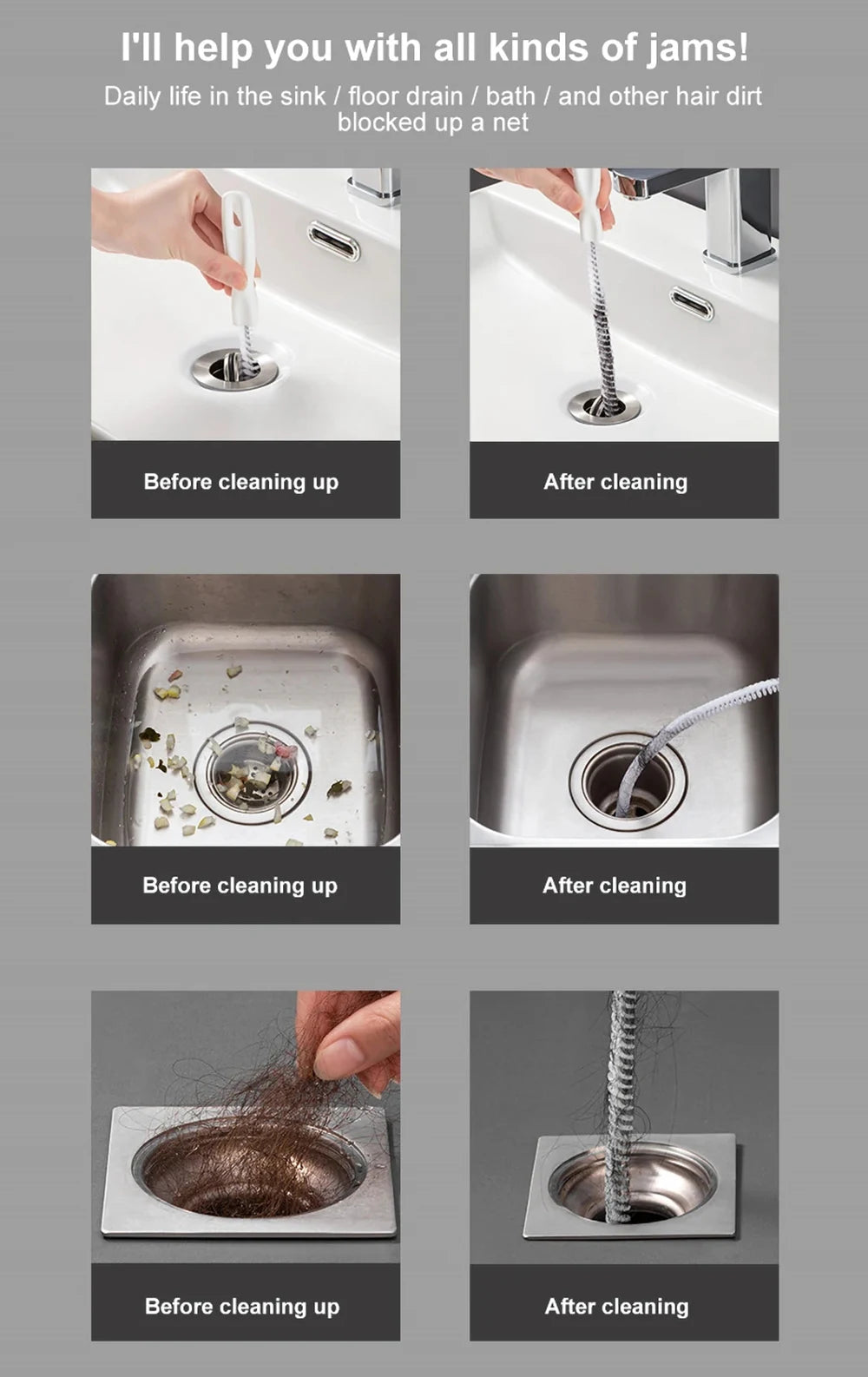 Cepillo Desatascador Flexible: Elimina Pelos y Obstrucciones al Instante.
