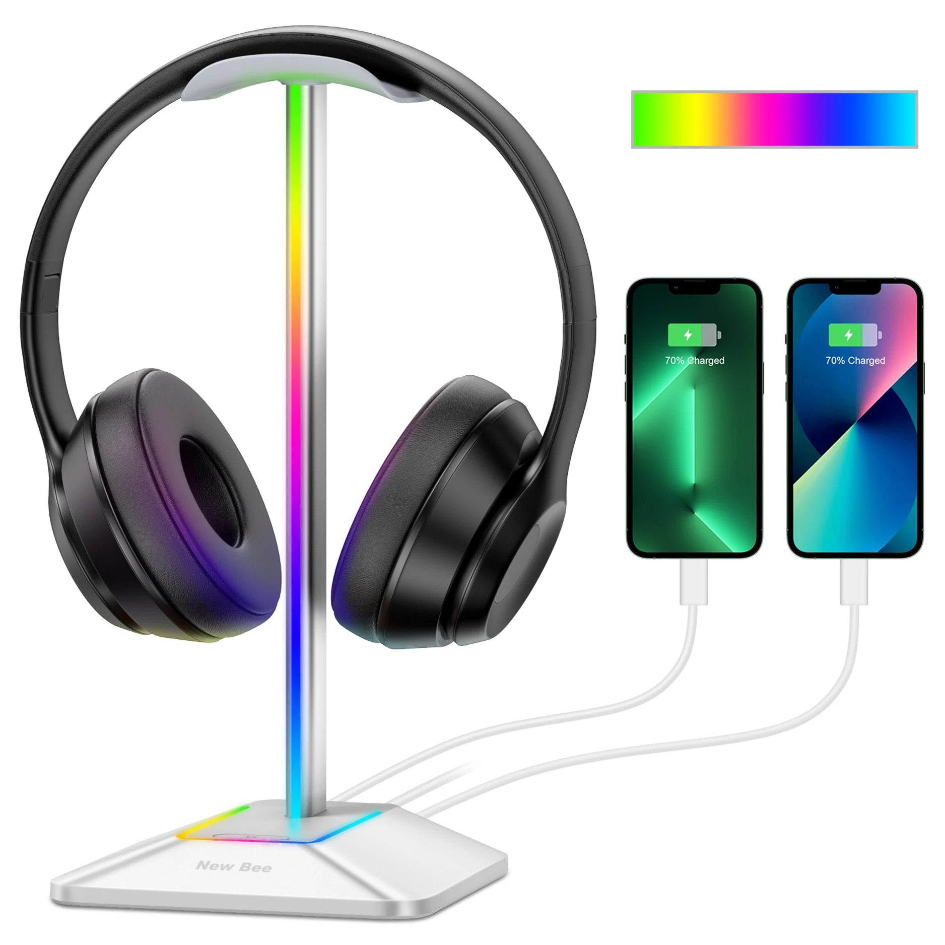 New Bee Z8 RGB Headphones Stand Holder Desk Gaming Headset with 2 USB Ports Cool Display Holder Non-Slip Rubber Base for Gamer