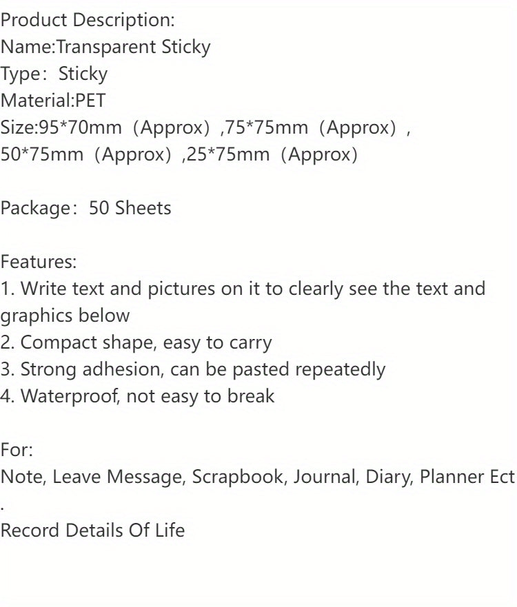 Notas Adhesivas Transparentes - Pack de 50 Hojas Impermeables.